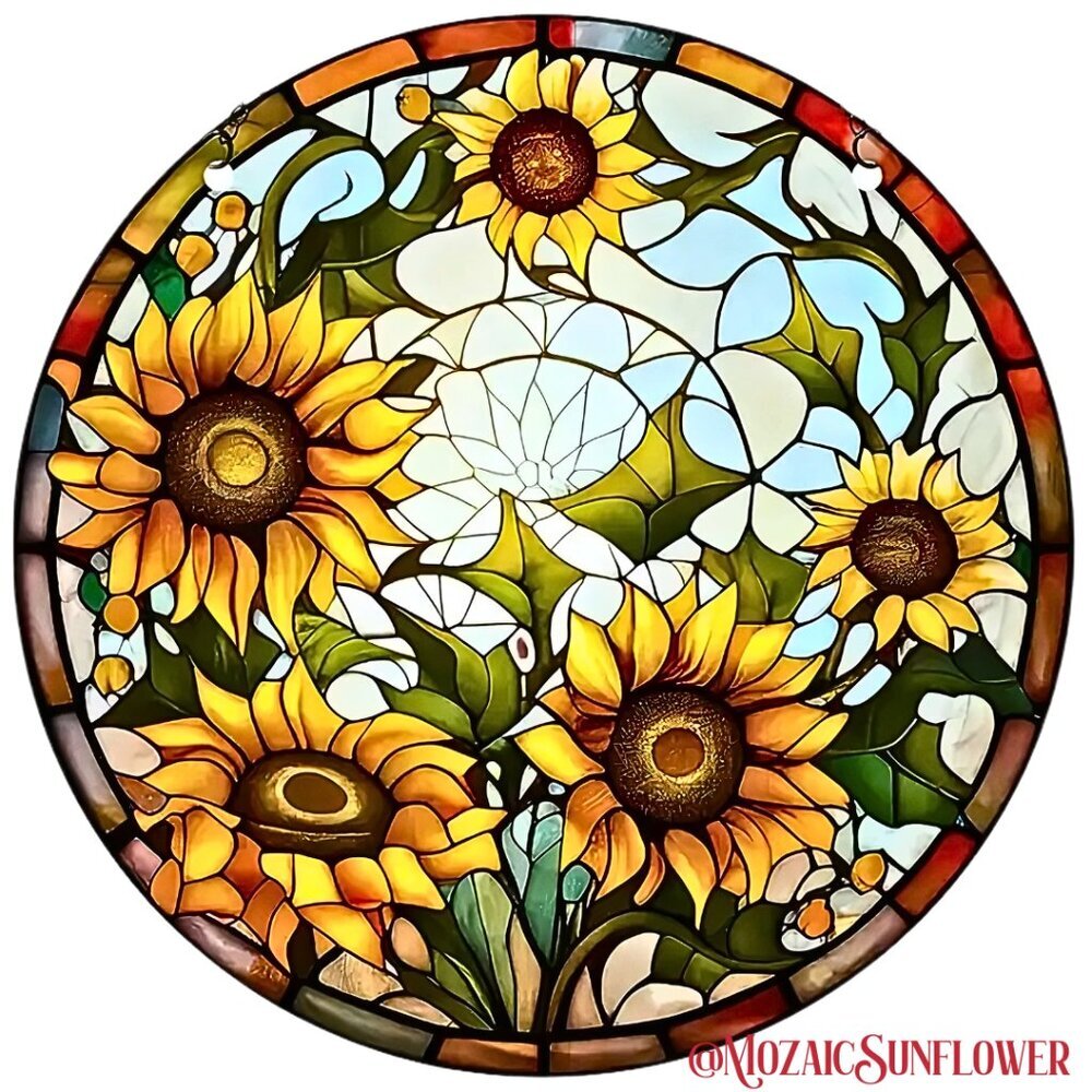 SUNFLOWERS Mosaic Suncatcher Double Sided With Hanging Chain NWT